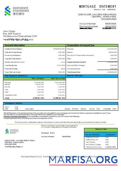 Printable Hong Kong Standard Chartered Bank bank mortgage statement scr example